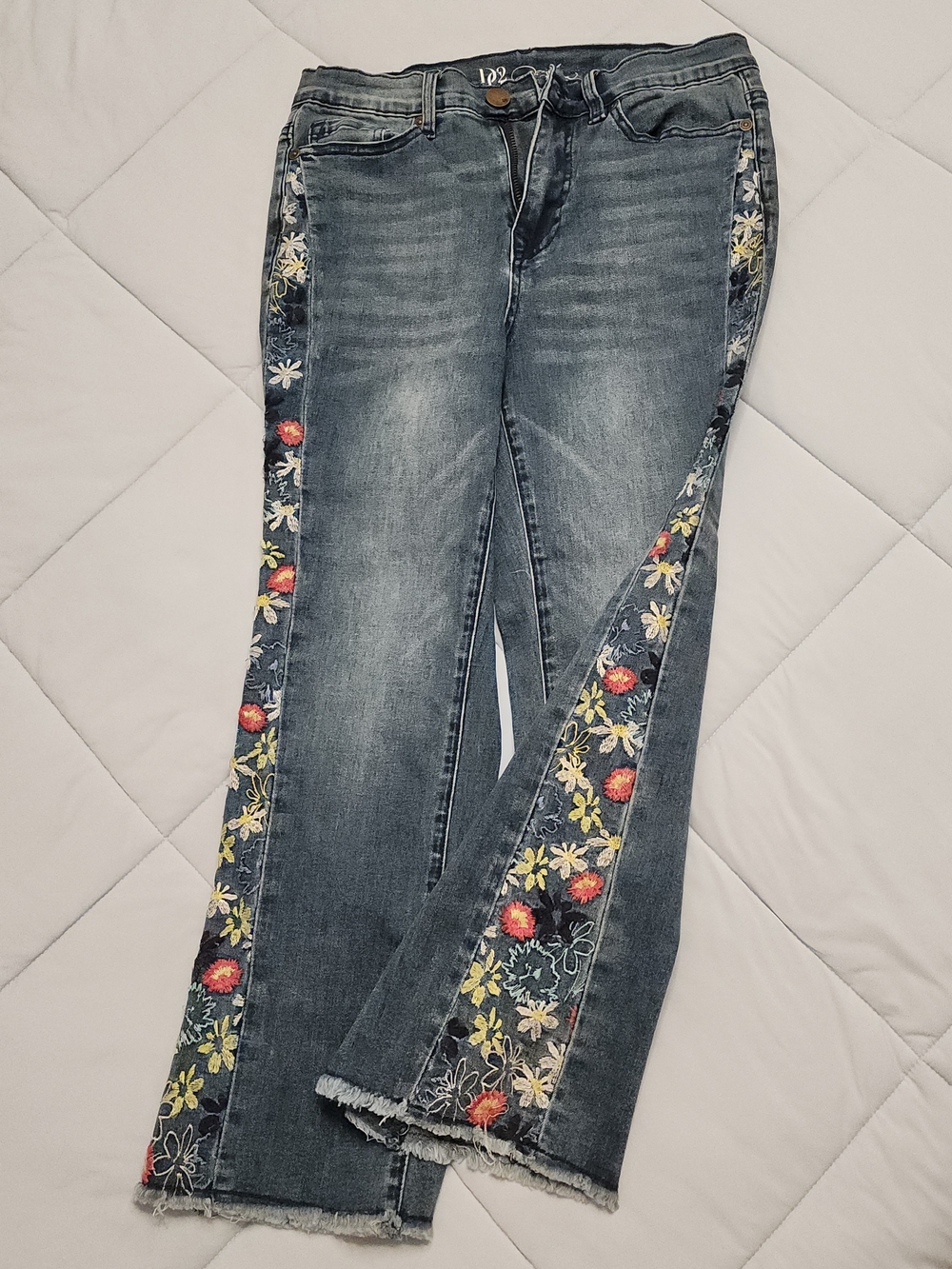 Floral-Embroidered Side-Stripe Flared Jeans - Blue with Red & Yellow Accents